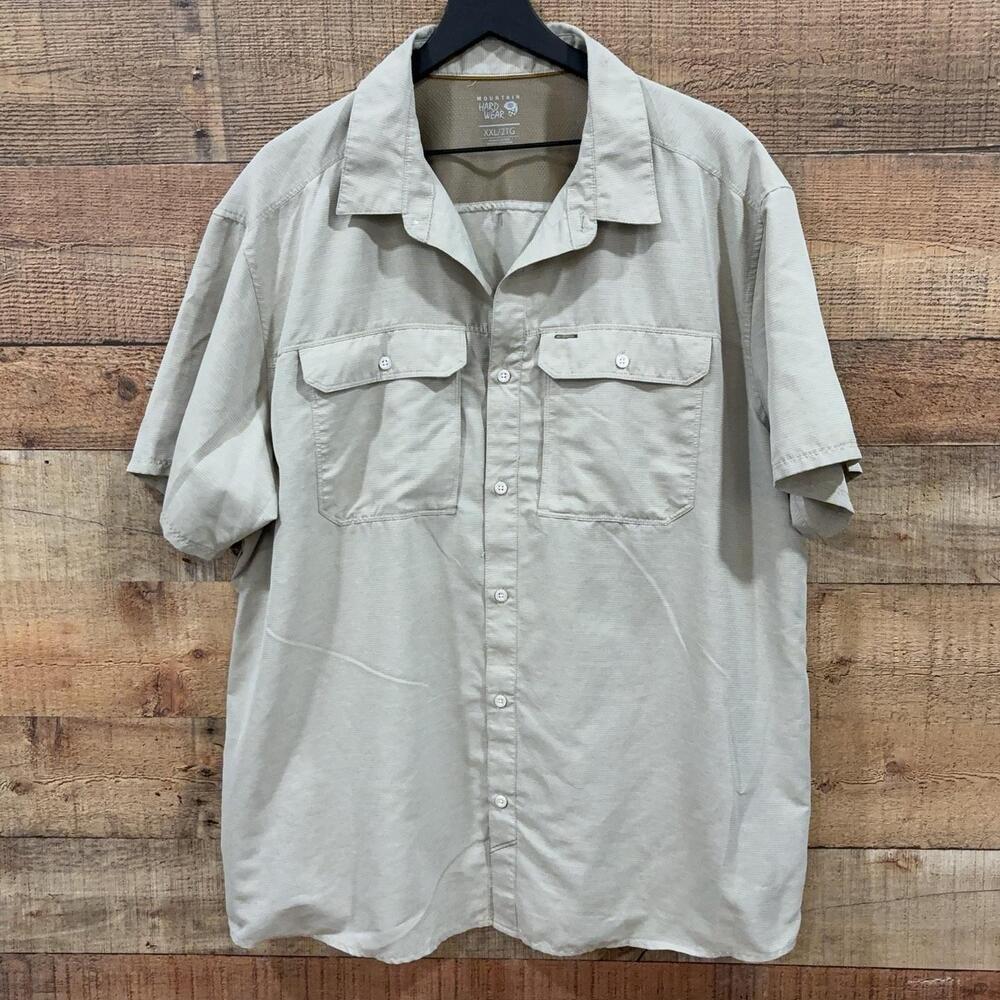 Mountain Hardwear Shirt Mens Size 2XL Beige Short Sleeve Button Up Hiking Mesh